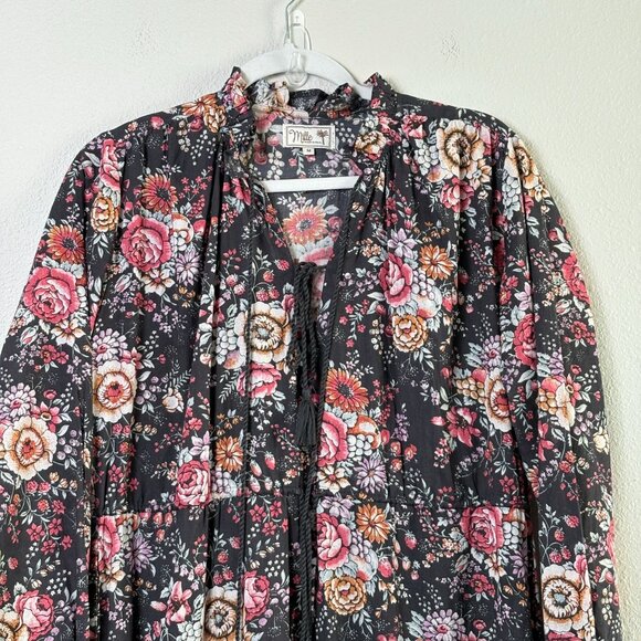 Mille Astrid Tassel Midi Dress Size M Bloomsbury Floral Long Sleeve Pockets - Picture 3 of 15